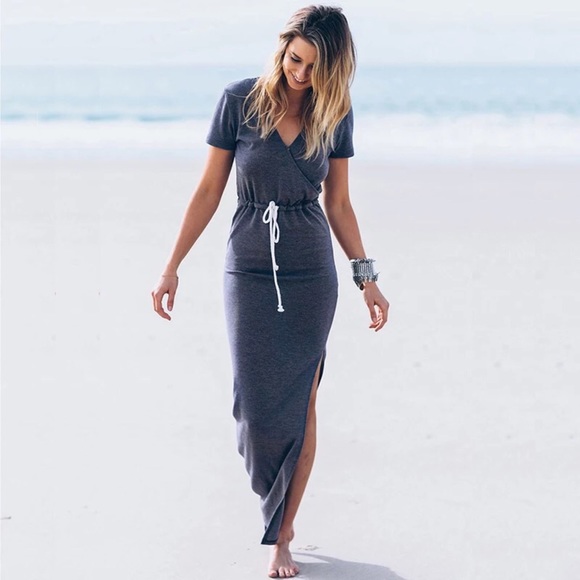 Drawstring Surplice Slit Maxi Dress - Picture 4 of 7